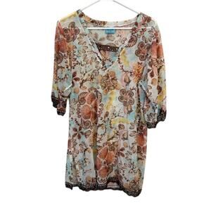 Letarte Floral Seashell Tunic Top Sheer Mesh Crochet Swim Cover Multicolor Large